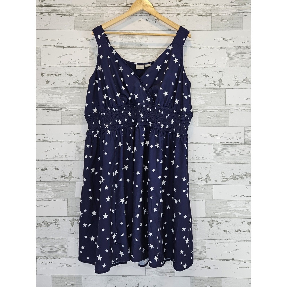 eShakti Navy Blue White Star Print Smocked Waist Pocket Dress Custom Size